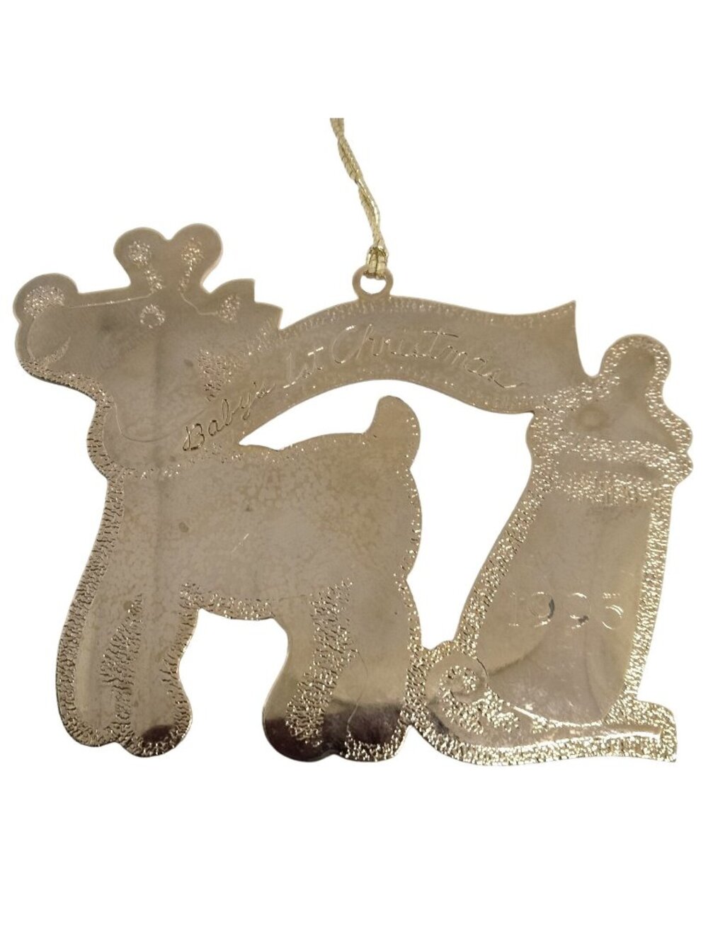 Gloria Duchin Babys 1st Christmas Ornament Gold Reindeer Bottle 1993